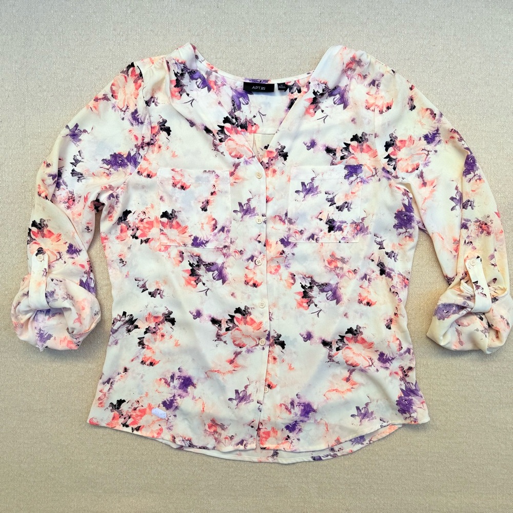 Apt 9 Floral Rose Button Up Blouse Purple White Pink Long Sleeve M - Picture 2 of 8